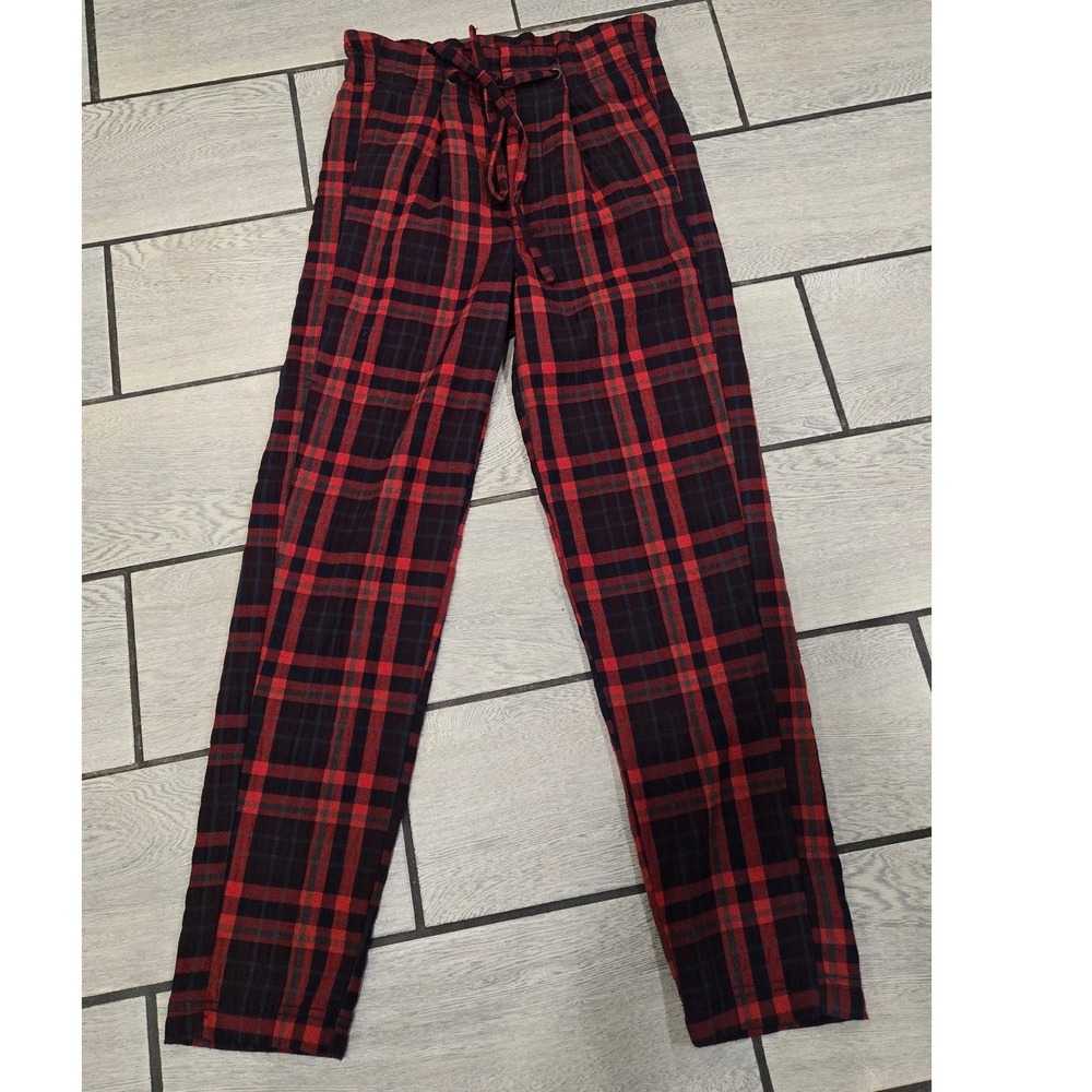 Free People Red Black Plaid Trousers High Waisted Slim Leg Tartan Pants Size 0